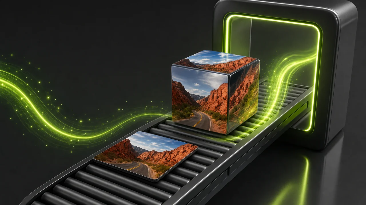 A glossy conveyor belt carrying one heavy cube and one thin card toward a lime-lit gateway, created with Pixazo AI