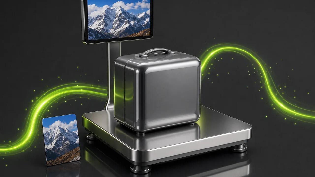 A glossy airport baggage scale platform with one bulky glossy cube on it and a slim glossy card beside it, created with Pixazo AI