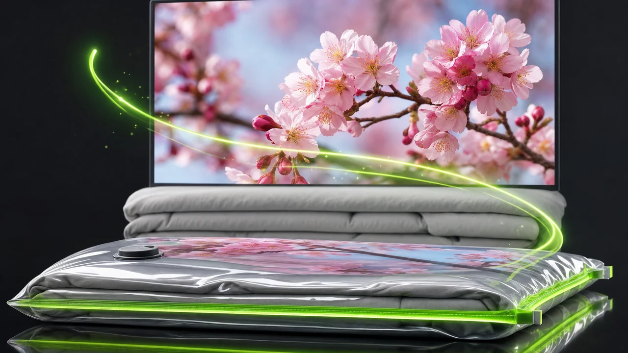 A glossy vacuum bag compressing a thick soft stack into a thin slab, lime seal glow along the edge, created with Pixazo AI