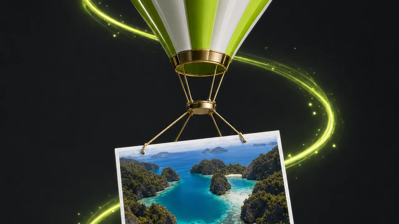 A glossy hot-air balloon shaped weight lifting off a reflective plinth, a photo card slung beneath it, created with Pixazo AI