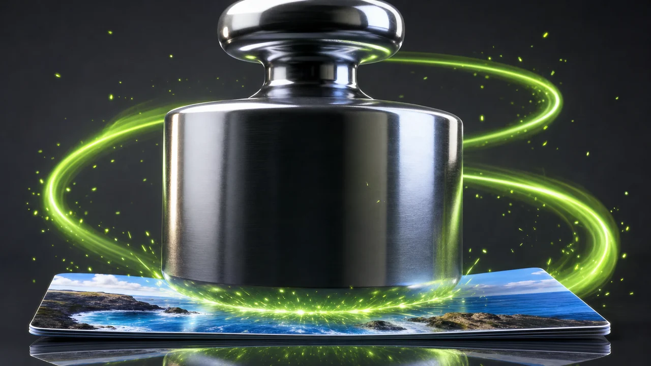 A glossy heavy weight lowered onto a soft glossy stack, compressing it into one thin flat card, lime sparks at the contact, created with Pixazo AI