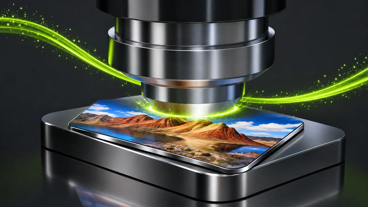 A glossy stamping die pressing down onto a reflective plate, lime sparks at the contact, created with Pixazo AI