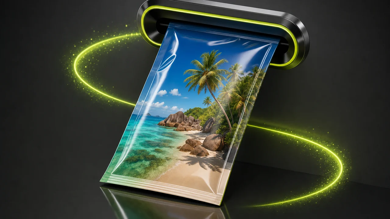 A glossy sealed pouch sliding out of a reflective slot, its edge rimmed lime, created with Pixazo AI