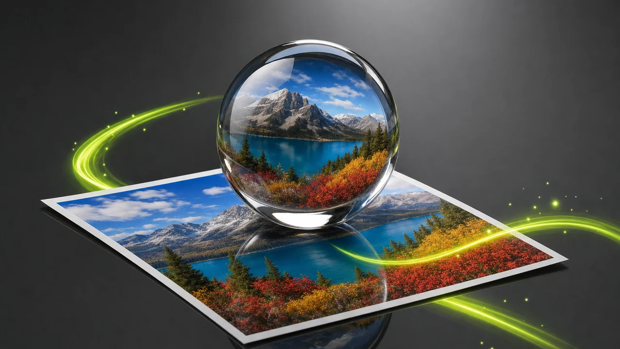 A glossy paperweight resting on a single flat bright card on a reflective bench, created with Pixazo AI