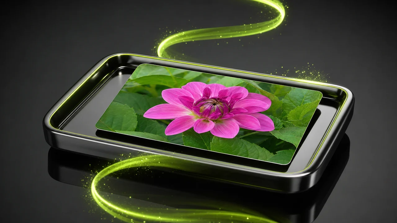 A glossy shallow tray holding one flat bright card under a lime rim light, created with Pixazo AI