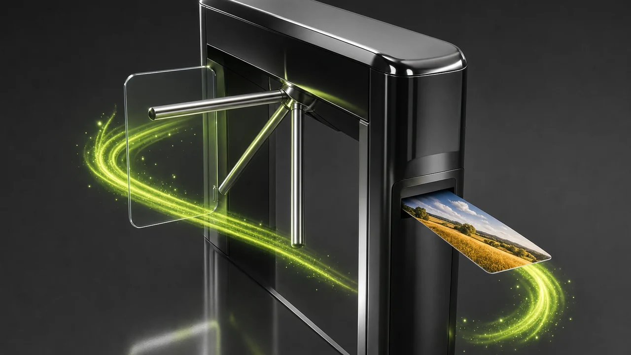 A glossy one-way turnstile door with a shape entering and a flat card leaving, lime ribbon marking the direction, created with Pixazo AI