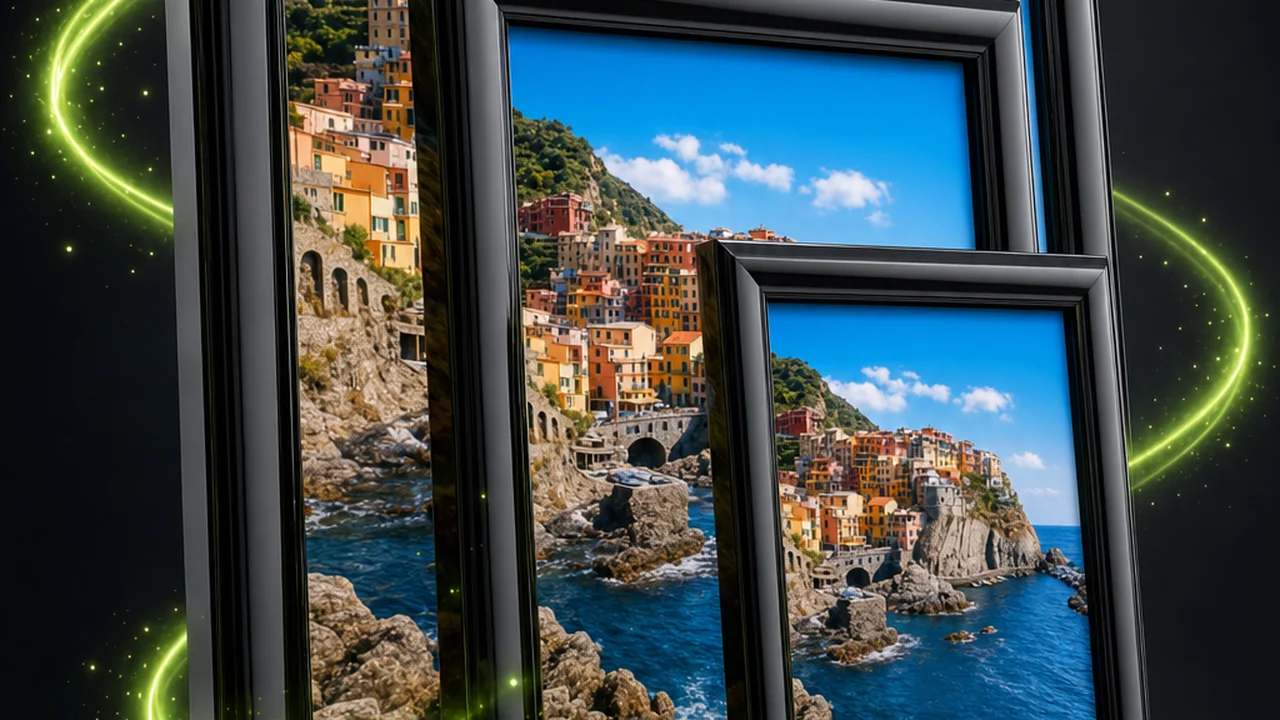A glossy set of three nested frames of increasing size standing upright, the same picture filling each, created with Pixazo AI