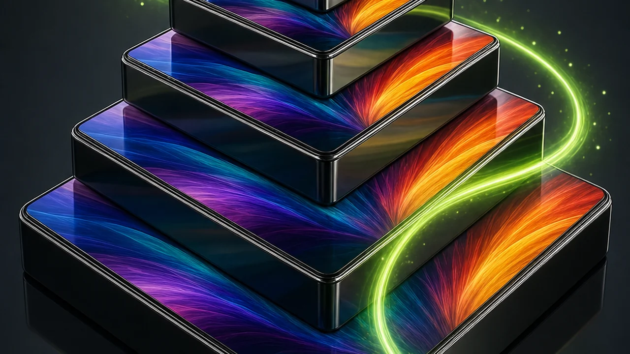 A glossy stepped pyramid of reflective platforms, each level carrying the same bright picture, created with Pixazo AI