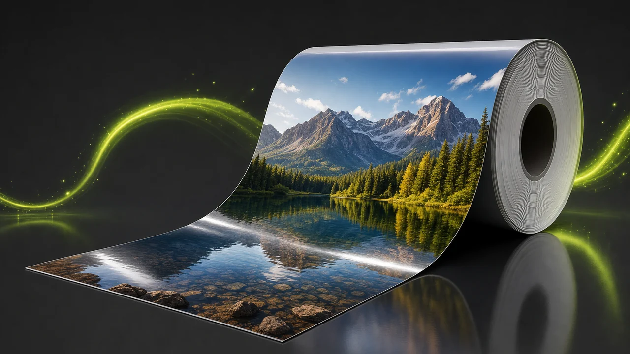 A glossy roll of wide sheet unspooling across a reflective floor, created with Pixazo AI