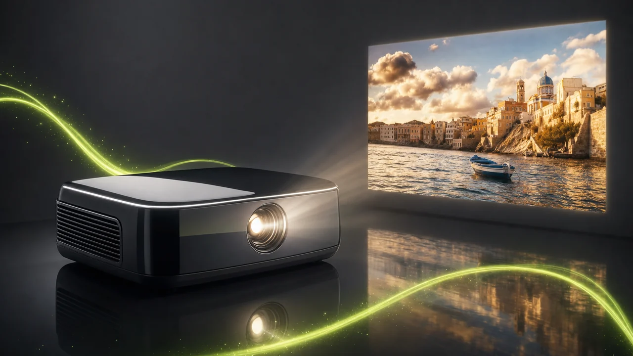 A glossy projector lens throwing a bright rectangle of light onto a reflective wall, created with Pixazo AI
