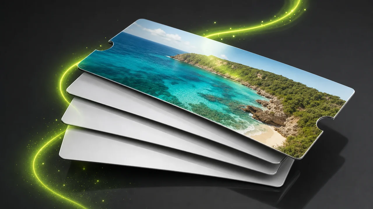 A stack of glossy boarding-pass shaped card slips fanned across a dark surface, the top slip carrying a bright coastal photograph, created with Pixazo AI