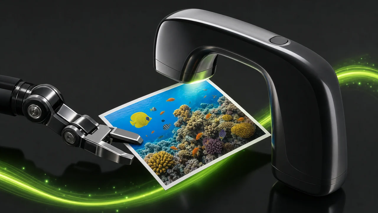A glossy handheld scanner arch reading a photo card held in a robotic gripper, created with Pixazo AI