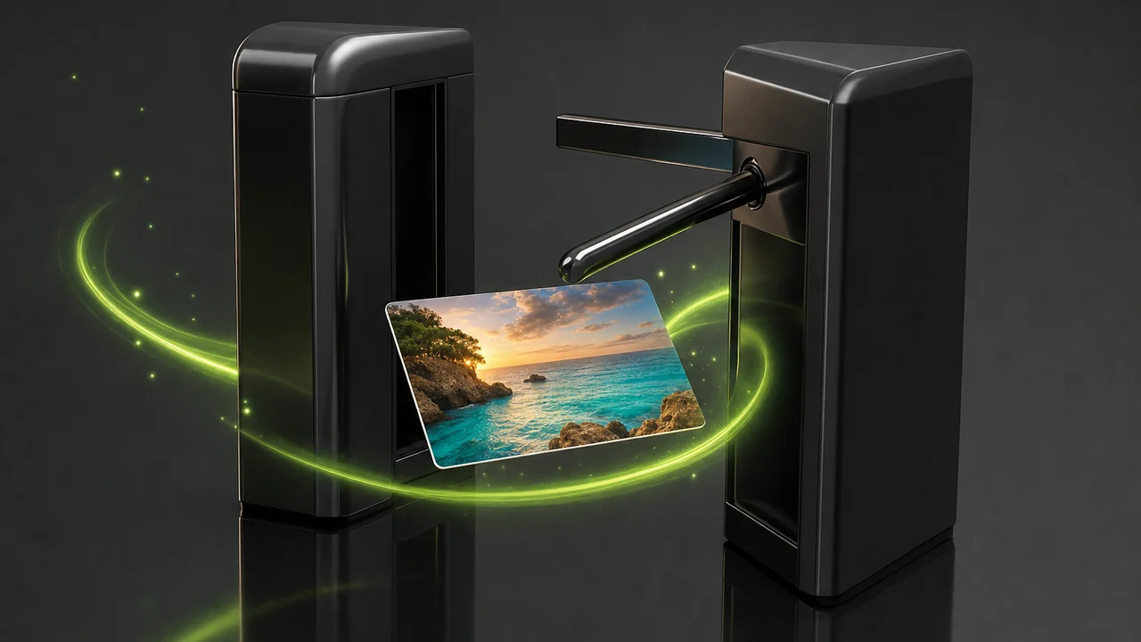 A glossy dark turnstile gate swung open with a single glossy photo card gliding through it, created with Pixazo AI