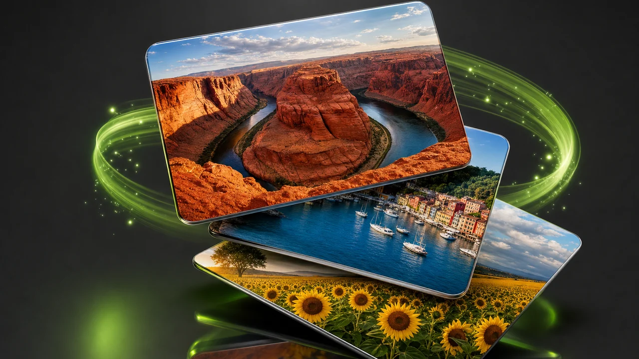 Three glossy stacked entry cards fanned across a reflective floor, each carrying a different photograph, created with Pixazo AI