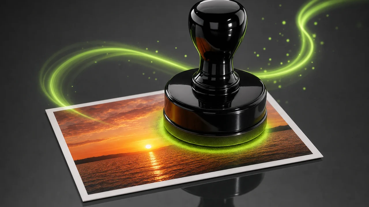 A glossy circular rubber stamp pressing down onto a photo card, a soft lime ink halo spreading, created with Pixazo AI