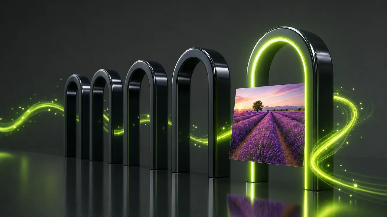 A row of five glossy doorway arches receding into the dark, one arch ringed in lime light and a photo card passing through it, created with Pixazo AI