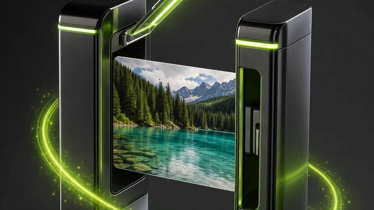 A glossy entry gate with its barrier lifted and glowing lime, a file card showing a turquoise mountain lake passing cleanly through, created with Pixazo AI