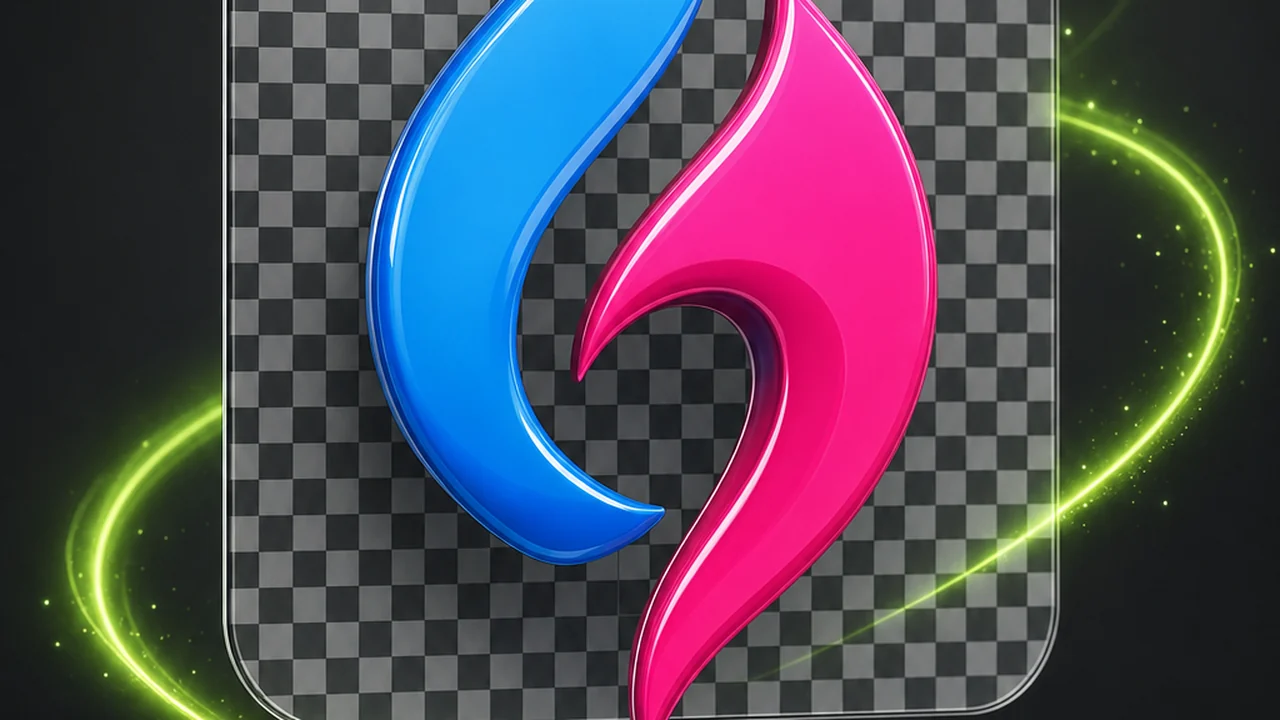 A die-cut blue and magenta logo mark floating over a grey transparency checkerboard, its silhouette perfectly clean, created with Pixazo AI