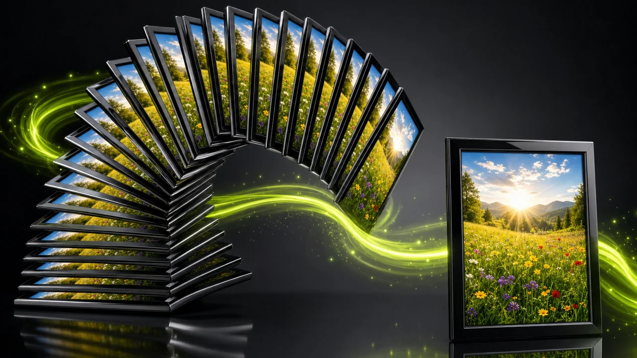 A fanned arc of many photograph frames suggesting motion, with a single still frame standing apart from the fan, created with Pixazo AI
