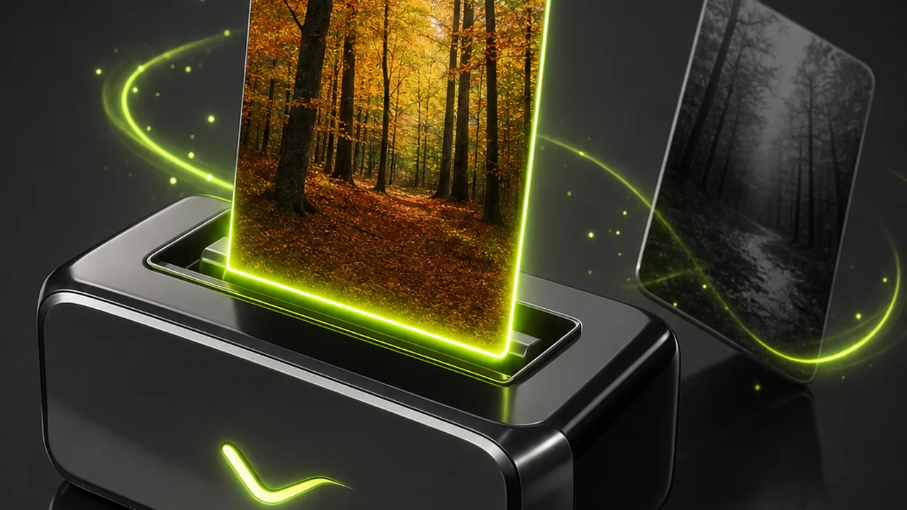 A glossy upload tray accepting one file card showing an autumn forest photograph while a second card is tipped aside and rejected, created with Pixazo AI