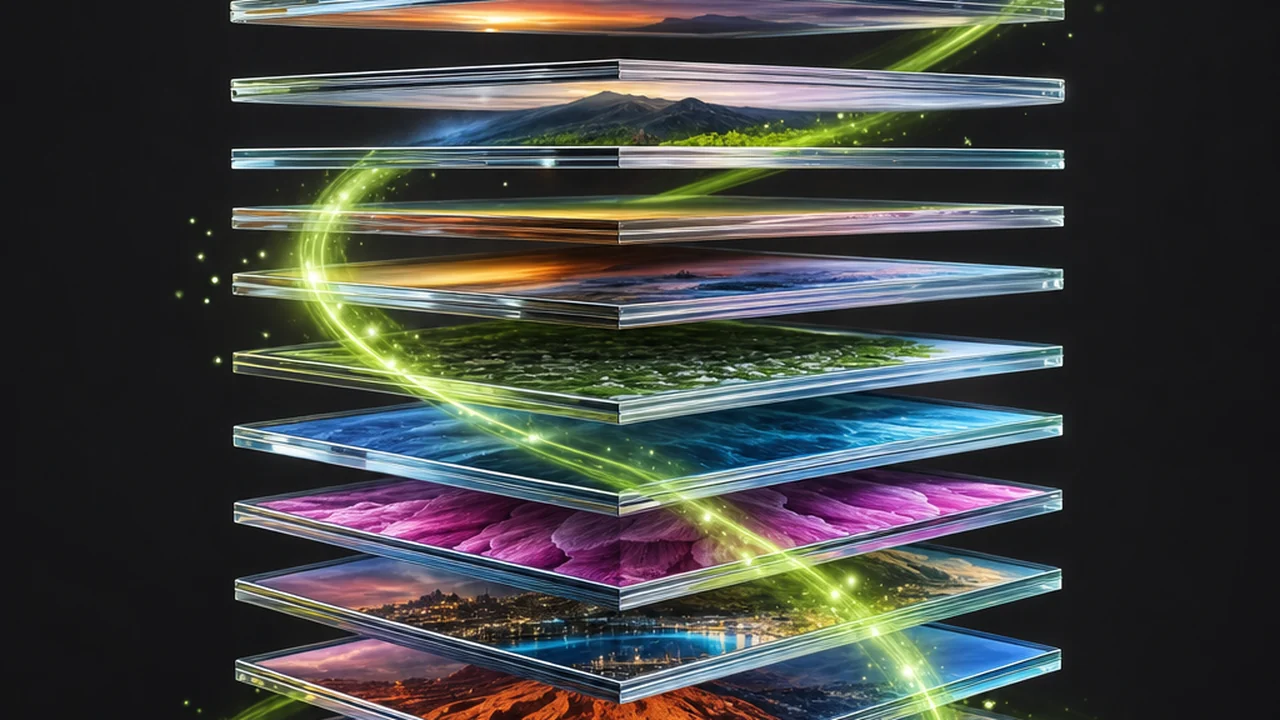 A tall stack of transparent glass sheets each holding a different colourful photograph, a lime energy ribbon spiralling up around the tower, created with Pixazo AI