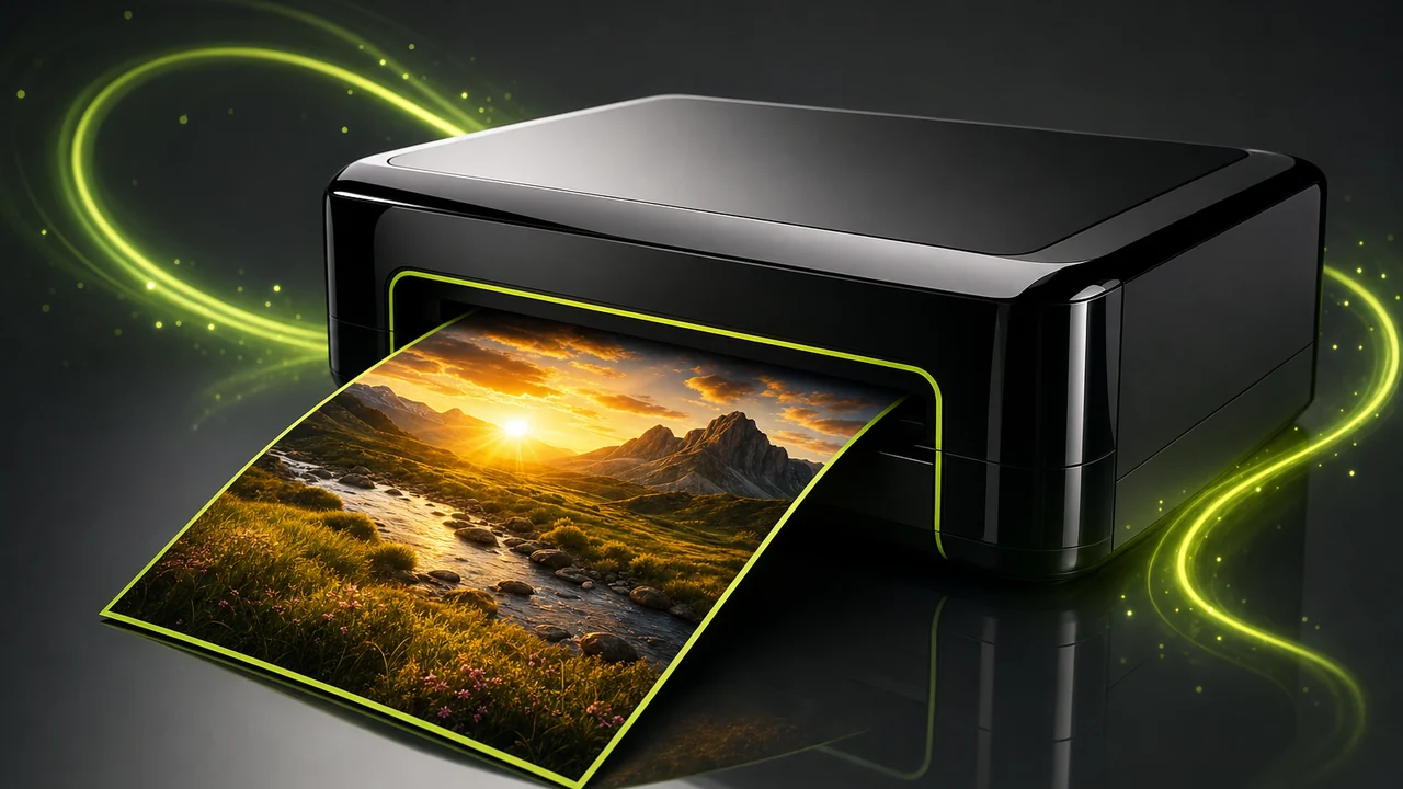 A glossy printer plinth with a wide colourful photographic print of a golden landscape emerging from its slot, the edge rimmed lime, created with Pixazo AI