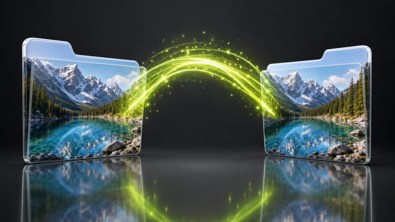 Two file cards showing the same mountain-lake photograph facing each other, joined by an arcing lime ribbon, created with Pixazo AI