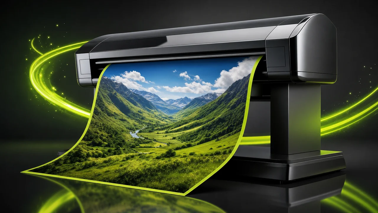 A wide-format printer with a large colourful print of a green valley emerging from its slot, the paper edge rimmed lime, created with Pixazo AI