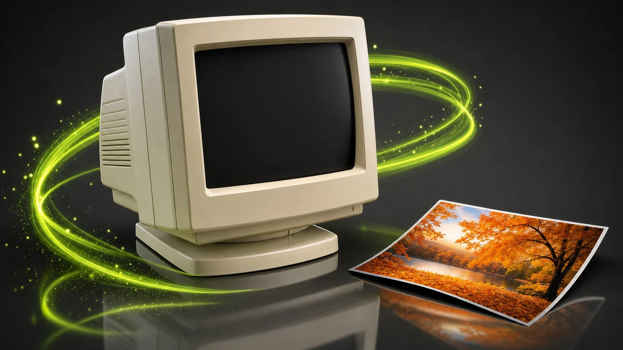 A beige nineteen-nineties desktop monitor with a dark blank screen, a colourful autumn photograph card tipped over and rejected on the desk beside it, created with Pixazo AI