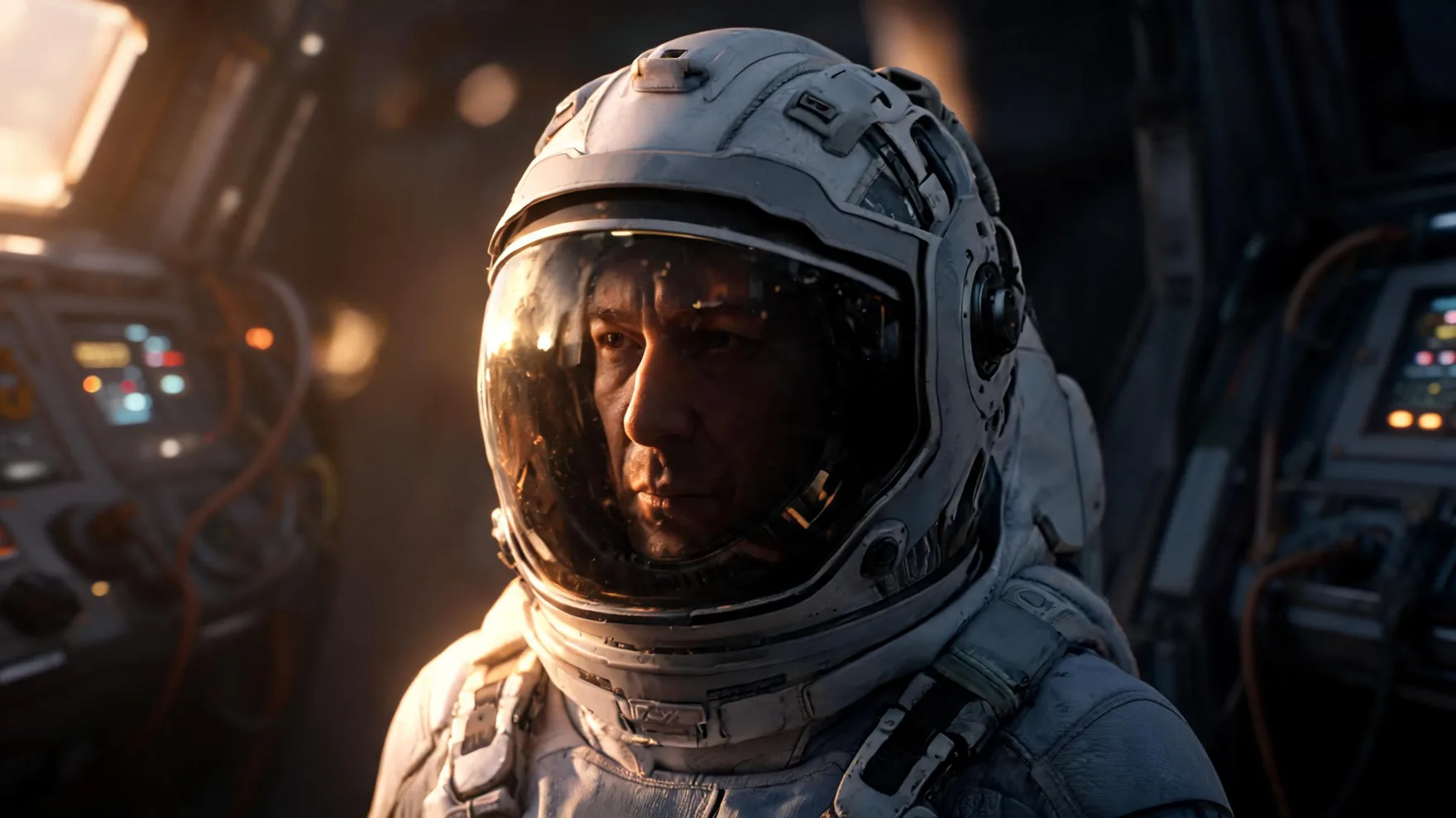 Astronaut portrait extended with Pixazo AI into a widescreen shot revealing a spacecraft cockpit.