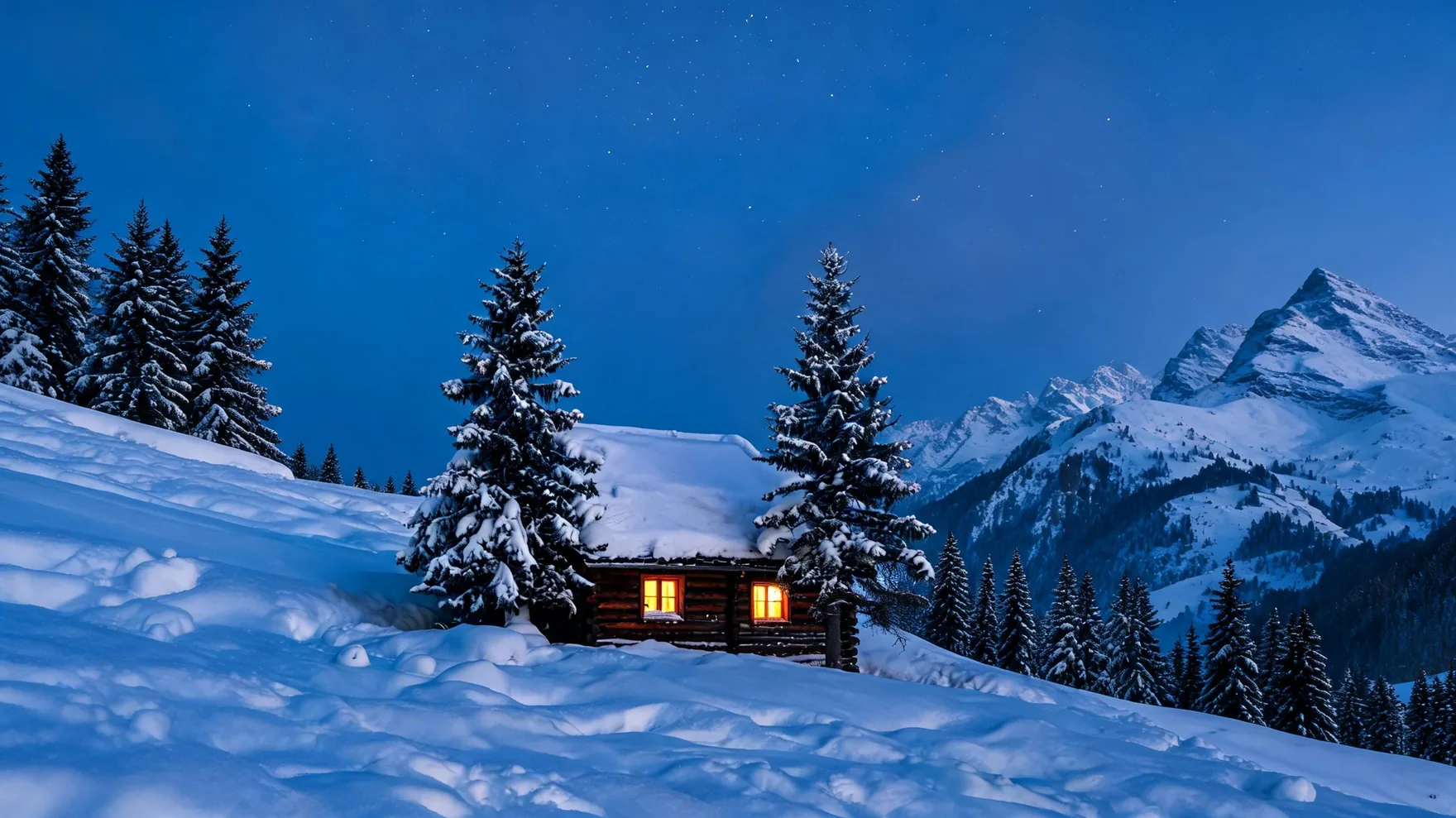 AI Image Extender before and after: a square photo of a snowy mountain cabin extended into a wide 16:9 alpine scene with Pixazo.