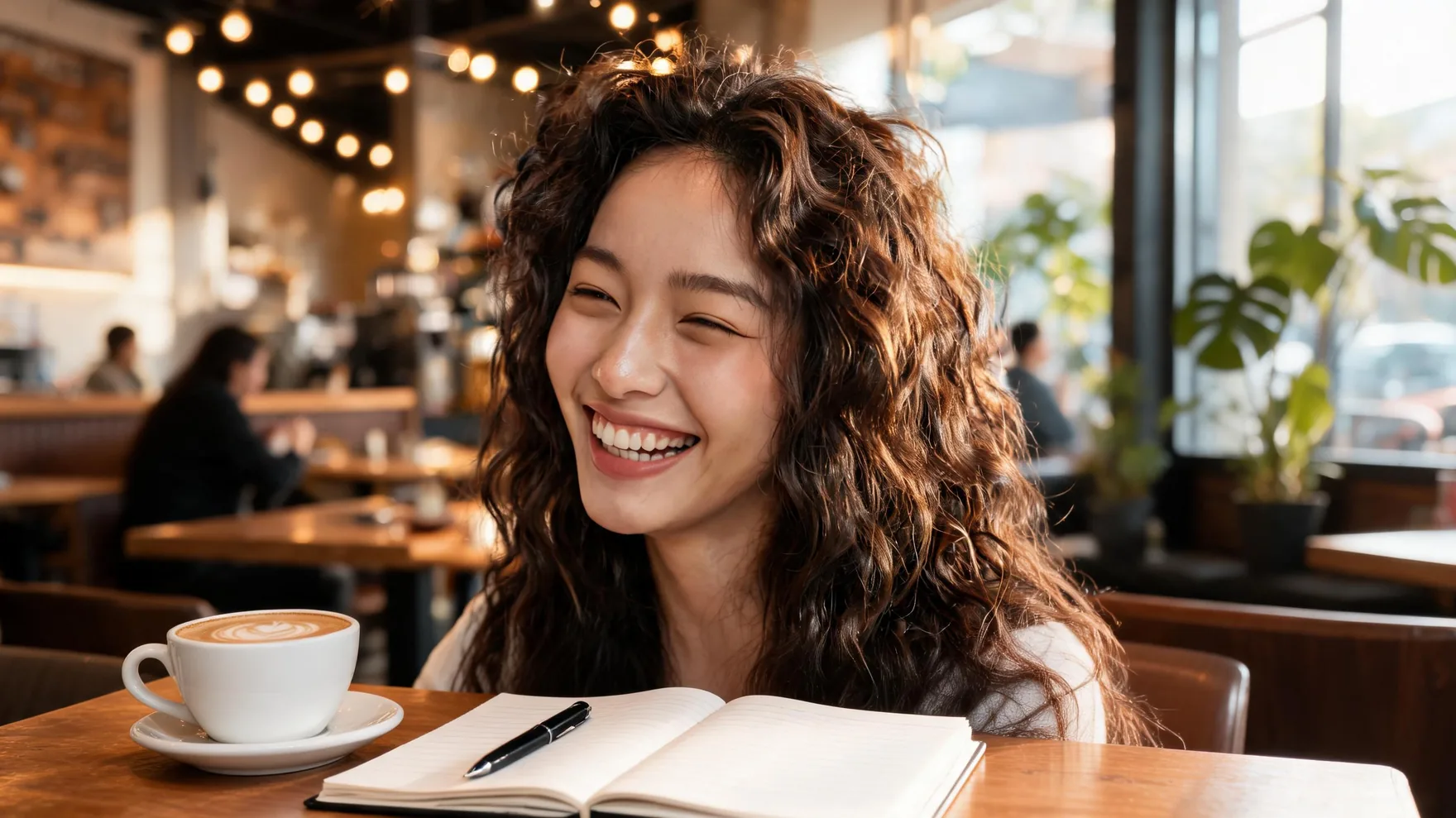 Portrait extended with Pixazo AI to reveal a sunlit cafe with a latte, notebook, window and plants.