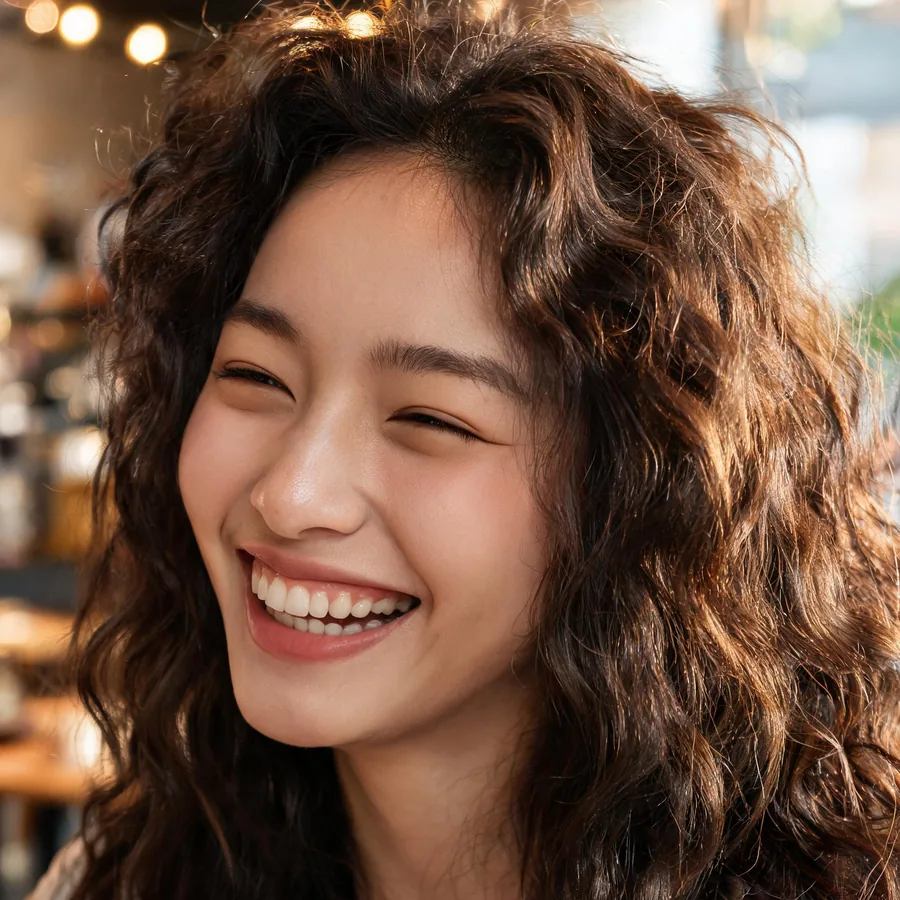Original square close-up of a laughing woman.