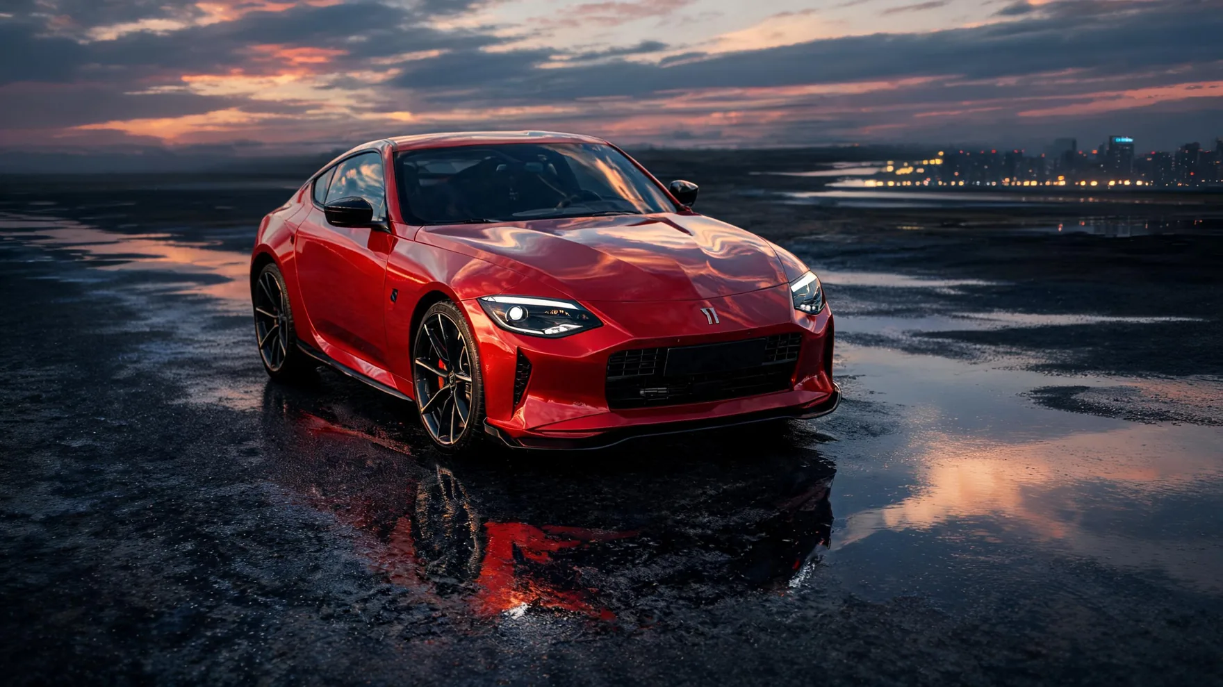 Sports car extended with Pixazo AI into a wide dusk scene of wet road and distant city lights.