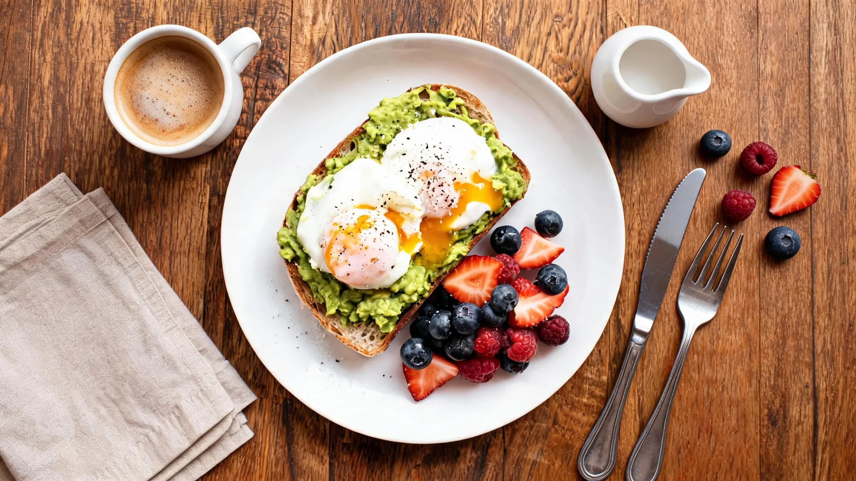 Breakfast plate extended with Pixazo AI into a full table flatlay with coffee, cutlery, napkin and berries.