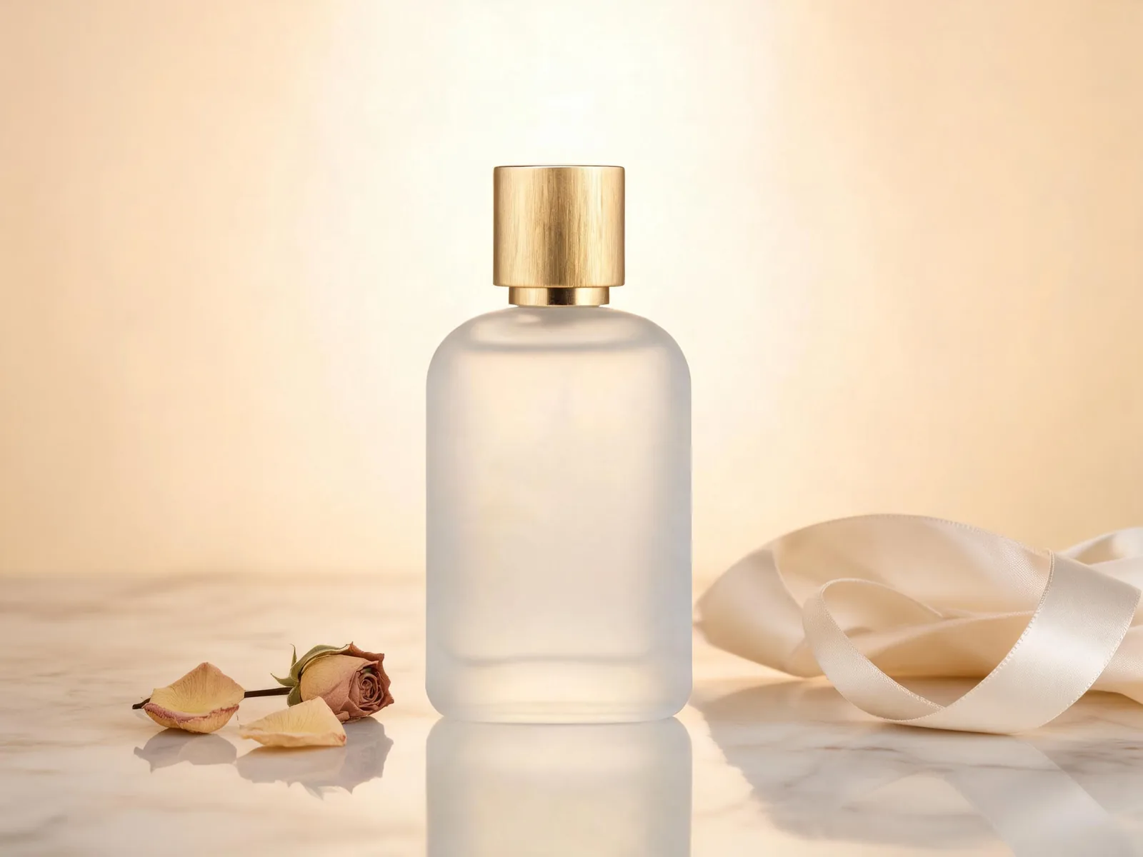 Perfume bottle extended with Pixazo AI into a wider studio scene with marble, a dried rose and silk ribbon.