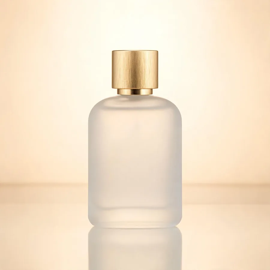 Original square studio shot of a frosted-glass perfume bottle.