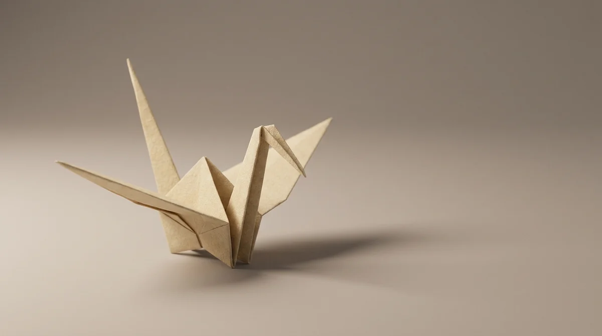 AI-generated studio photograph of a folded paper crane on a seamless backdrop, produced from a text prompt on Pixazo