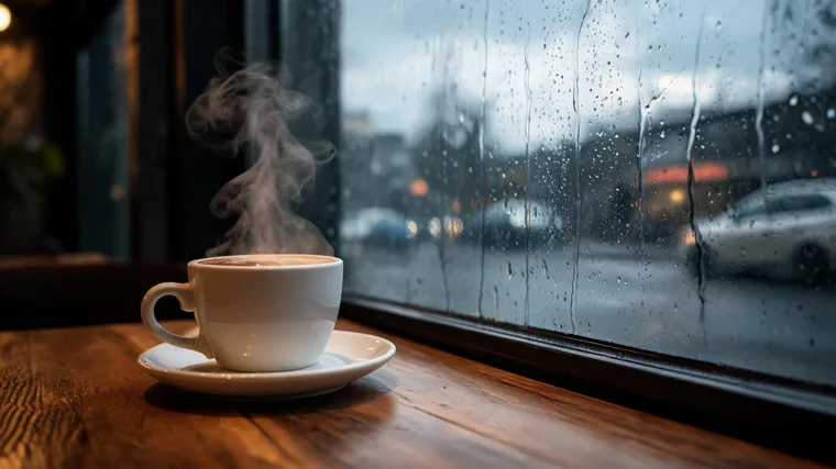 A steaming cup of coffee by a rainy cafe window — the source still uploaded to Pixazo.