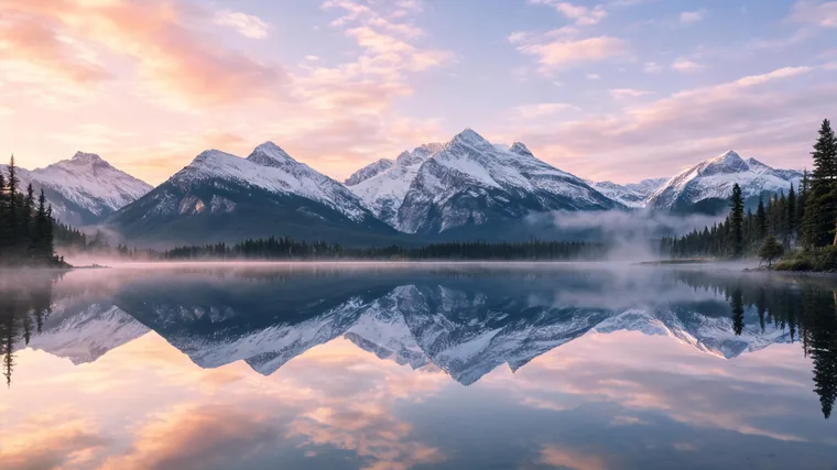 An alpine lake at dawn reflecting mountains — the source still uploaded to Pixazo.