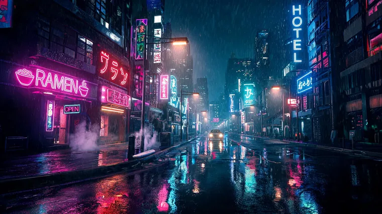 A neon-lit rainy city street at night — the source still uploaded to Pixazo.