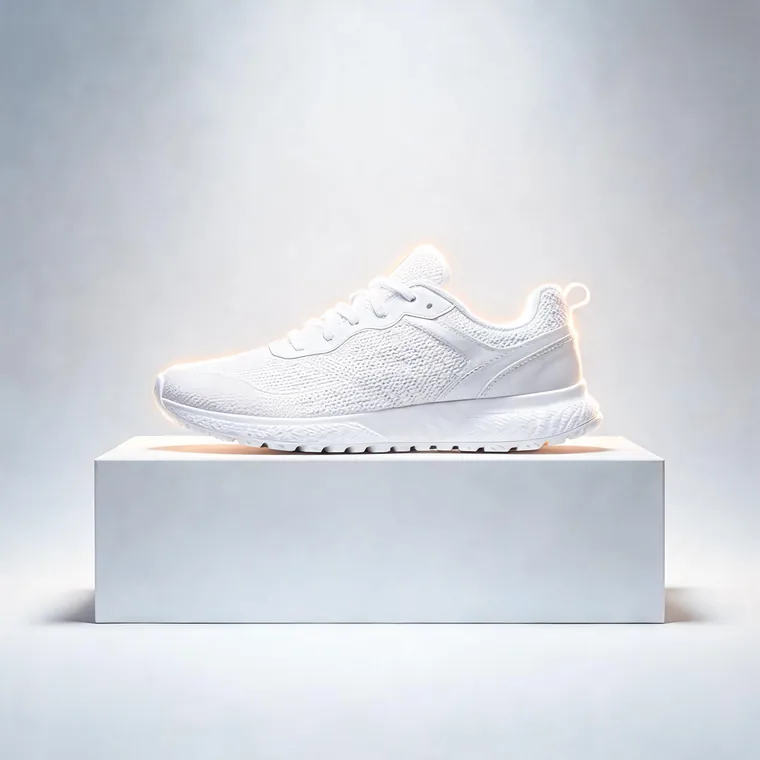 AI-generated still of a white trainer lit on a white plinth