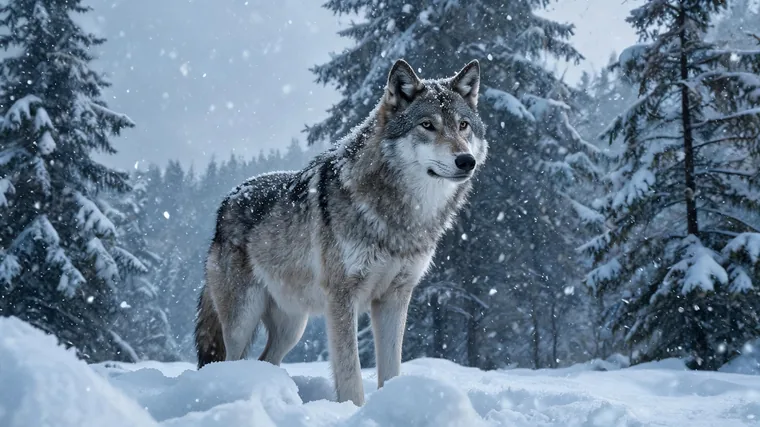 AI-generated still of a grey wolf standing in falling snow among snowy pines