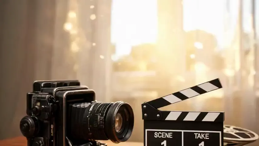 A vintage film camera on a desk — a still brought to life by Pixazo image to video