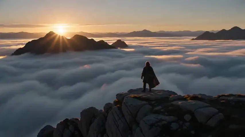 A traveler on a mountain ridge above the clouds at sunrise — a still brought to life by Pixazo