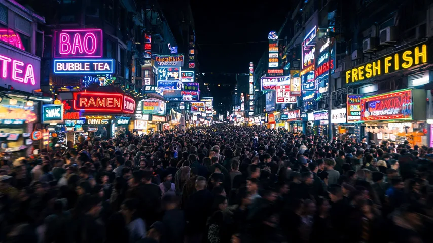 A cluttered, dim night market crowded with tiny faces and text signs — a busy still that fights the model