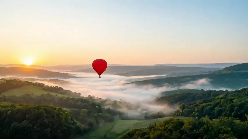 A hot-air balloon over a misty valley — a still animated into motion by Pixazo