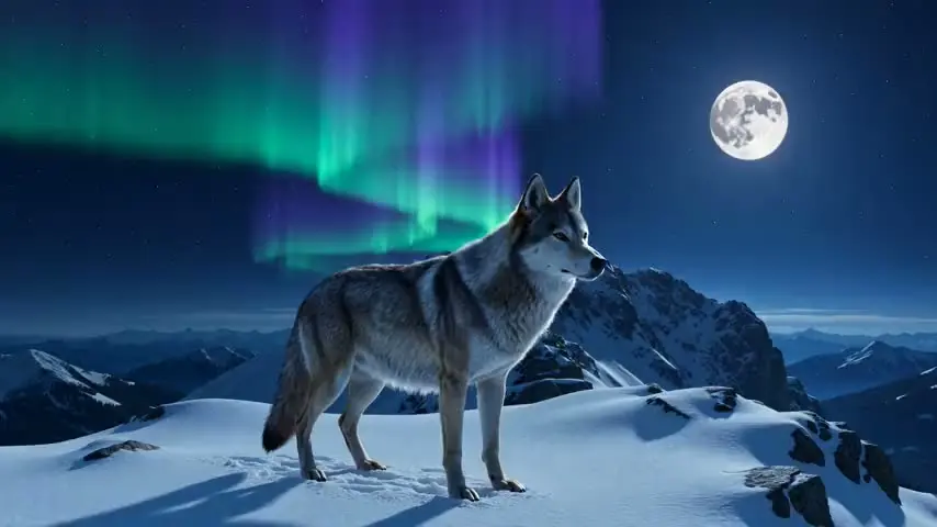 A wolf under an aurora — frame from Pixazo image-to-video output