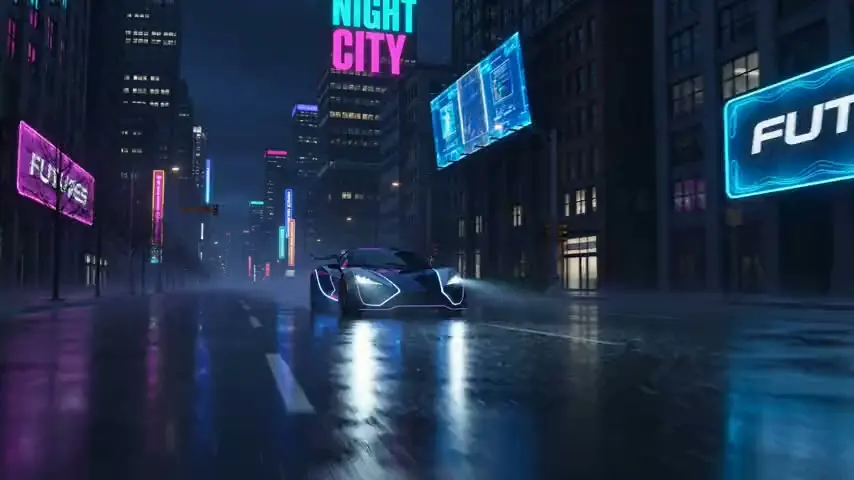 A neon-lit night city, its lights shifting — a still brought to life by Pixazo
