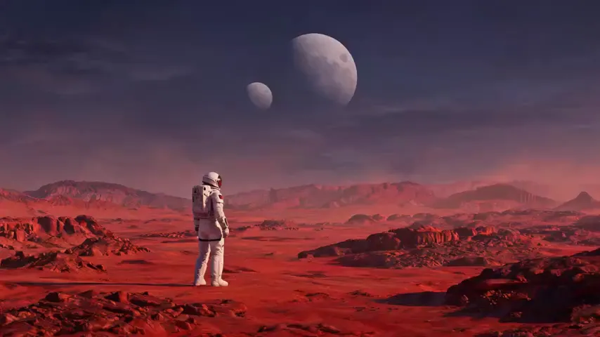 An astronaut on a red planet — a still animated into a clip by Pixazo